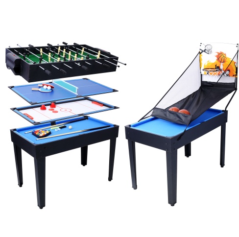 iKid 5-In-1 Multi-Game Table – Billiards Push Hockey Foosball Ping Pong And Basketball Black Blue