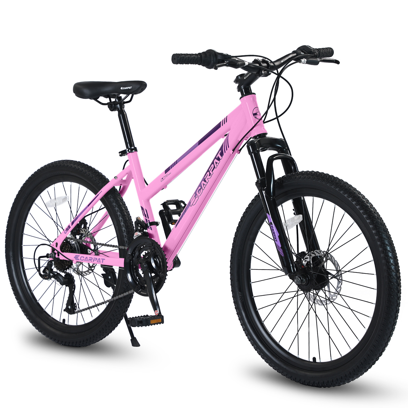 iKid S24103 24 Inch Mountain Bike For Teenagers Girls Women Shimano 21 Speeds With Dual Disc Brakes And 100Mm Front Suspension White-Pink
