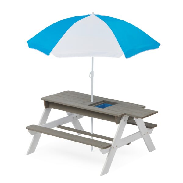 iKid 3-In-1 Kids Outdoor Wooden Picnic Table With Umbrella Sand &Amp; Water Gray Astm - Image 7