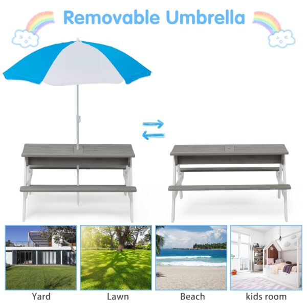 iKid 3-In-1 Kids Outdoor Wooden Picnic Table With Umbrella Sand &Amp; Water Gray Astm - Image 8