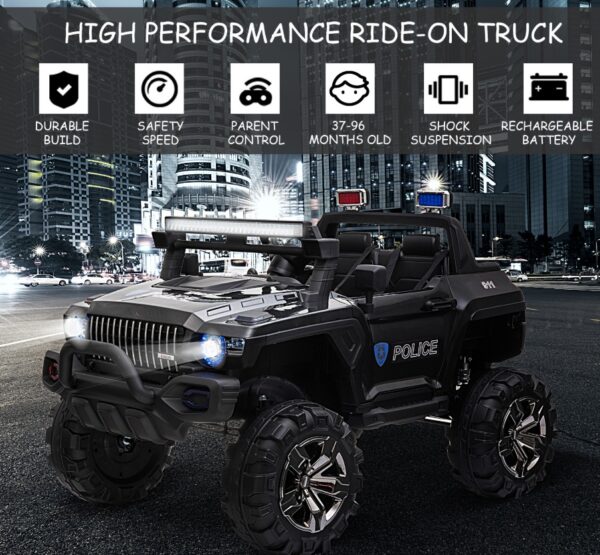 iKid 12V Electric Police Ride-On Toy For Kids Led Lights Mp3 Parental Remote Black - Image 8