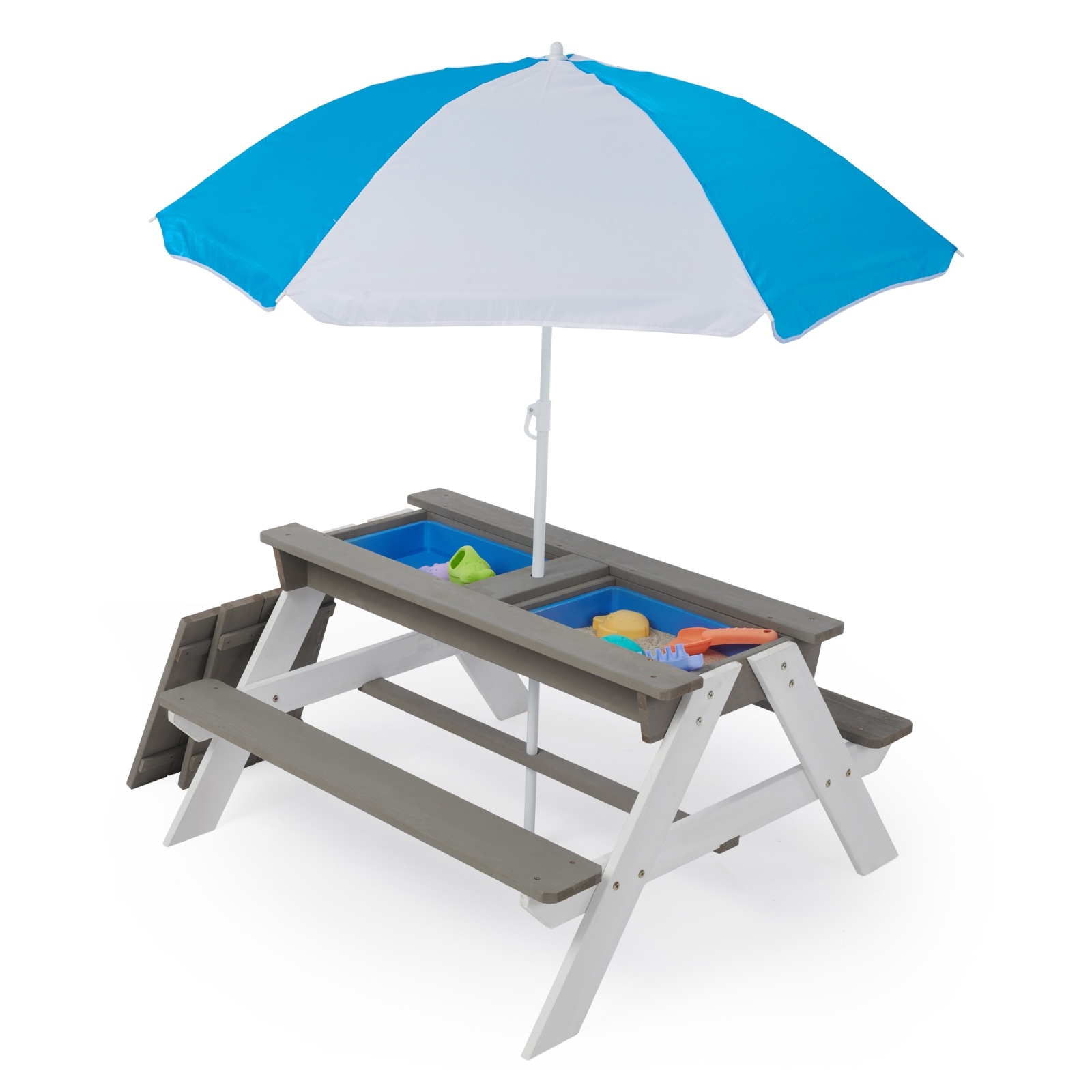iKid 3-In-1 Kids Outdoor Wooden Picnic Table With Umbrella Sand &Amp; Water Gray Astm