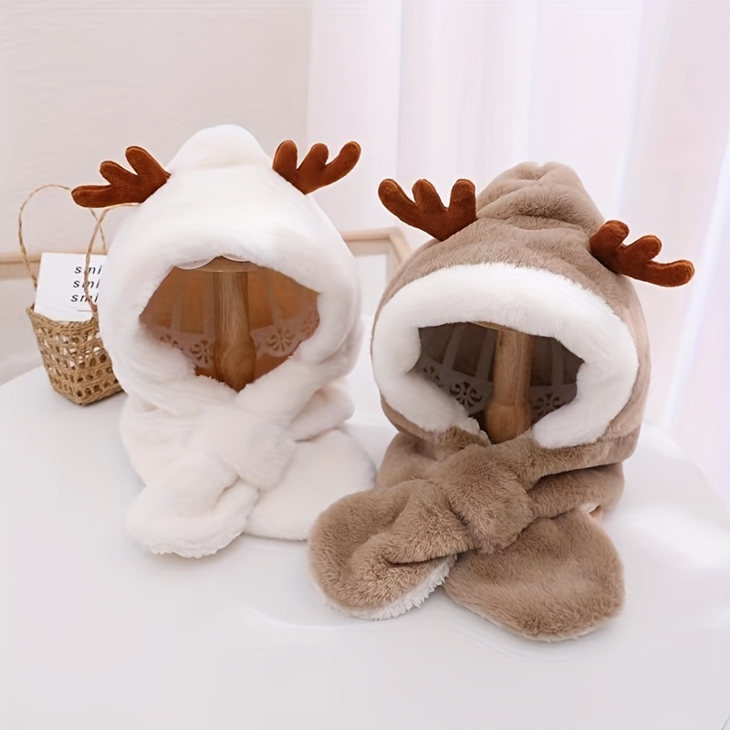 iKid Cute Deer Hat Women Plush Rabbit Ear Funny Lolita Sweet Kawaii Winter Fluffy Fleece Warm Hat Plush Winter Thickened Cute Antlers Baby Hat With Scarf For 5-10 Y Children