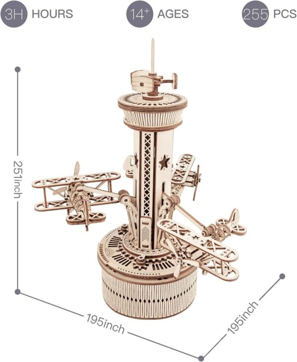 iKid Robotime Rokr 3D Wooden Puzzles For Adults Diy Musical Box Model Kit To Build Self-Assembly Building Kit Airplane- Control Tower - Image 3