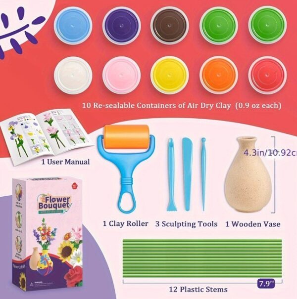 iKid Air Dry Clay Vase Bouquet Craft Kit 10 Pieces Modeling Clay Flower Art And Craft Diy Set For Boys And Girls Improve Fine Motor Skills And Hand-Eye Coordination Great Gift Idea For Boys And Girls - Image 5