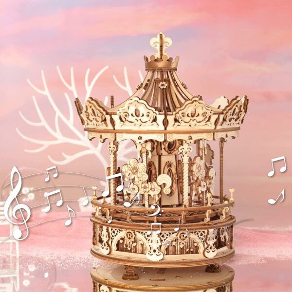 iKid Robotime Rokr 3D Wooden Puzzles Construction Model Kit Diy Music Box Building Kits Rotating - Romantic Carousel - Image 10