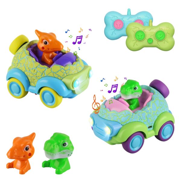 iKid 2Pack Dinosaur Remote Control Cars For Toddlers Rechargeable Rc Cars With Light Music Birthday Gift For Boys Girls Aged 3 4 5 6 Years Old Christmas New Year Gift