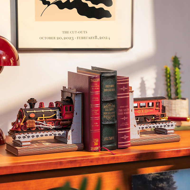 iKid Robotime Book Nook Book Ends Kits Century Train Diy Booknook 3D Wooden Puzzle Model Kit Bookend Bookshelf Decoration Gifts For Adults Kids Teens