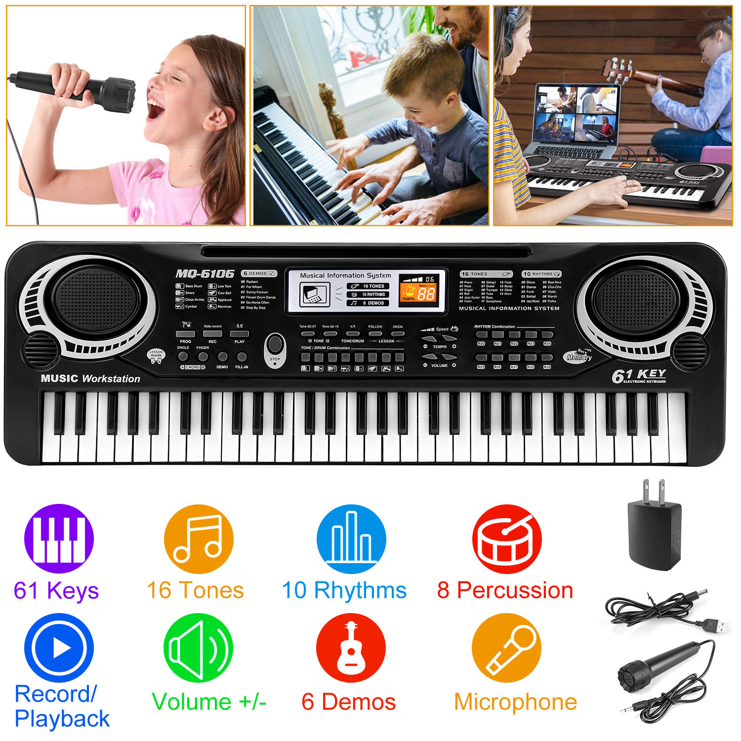 iKid 61 Keys Digital Music Electronic Keyboard Electric Piano Musical Instrument Kids Learning Keyboard With Microphone For Beginners Kids Girls Boys Adults