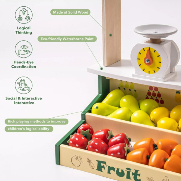 iKid Robotime Wooden Farmers Market Stand Fruit Stall Toy Grocery Store Set For Kids - Image 7