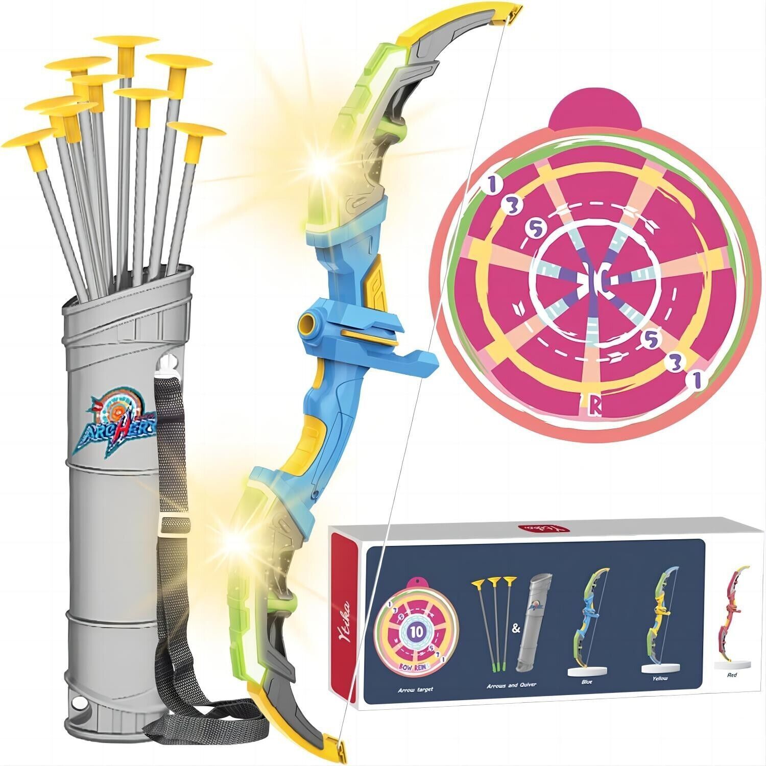 Bow & Arrow Toy Set, LED-lit Archery Toy,10 Suction Cup Arrows, Targets And Arrow Holders, Indoor And Outdoor Children’s Toys Suitable For Boys And Girls.Logistics Is Randomly Sent By UPS,USPS,FEdex