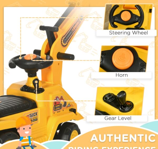 3-in-1 Ride On Excavator Digger Scooter & Pulling Cart, Construction Pretend Play Toy For Kids - Image 4