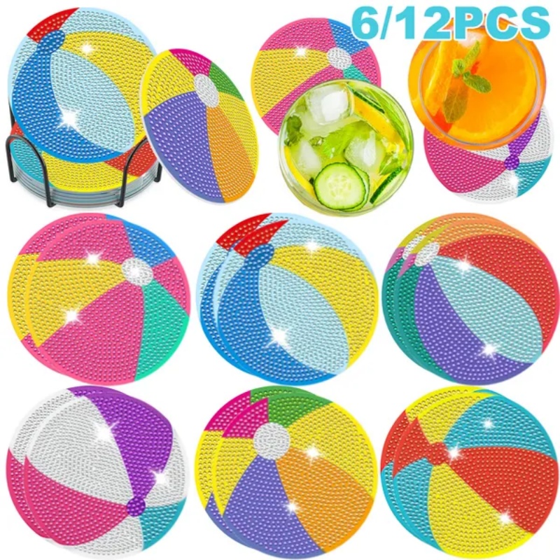6Pack Beach Balls Rhinestones Art Painting Coaster Kit Summer Holiday DIY Rhinestones Painting Coasters