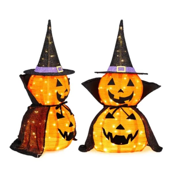 2Packs 3FT Halloween Collapsible Lighted Pumpkin Decoration, 176 LED Pop-Up Pumpkin Lamp With Cape, Plug In Halloween Jack-O-Lantern With Metal Stand For Indoor Outdoor Garden Patio Party Decor - Image 4