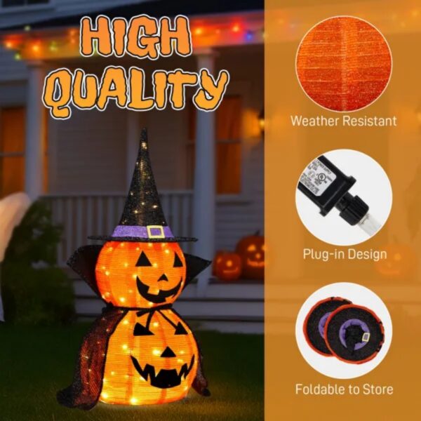 2Packs 3FT Halloween Collapsible Lighted Pumpkin Decoration, 176 LED Pop-Up Pumpkin Lamp With Cape, Plug In Halloween Jack-O-Lantern With Metal Stand For Indoor Outdoor Garden Patio Party Decor - Image 3
