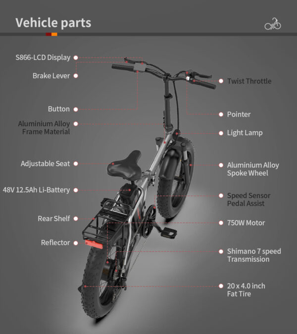 20x4.0 Inch Foldable Fat Tire Electric Bike 48V 12.5AH Extended Range Dual Disc Brakes Fenders - Image 2