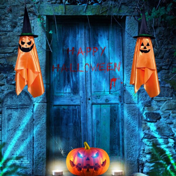 2Pcs Hanging Ghosts With Wizard Hat Snicker Scary Face Halloween Party Hanging Decorations Pumpkin Wizard Hat For Eave Tree Porch - Image 4