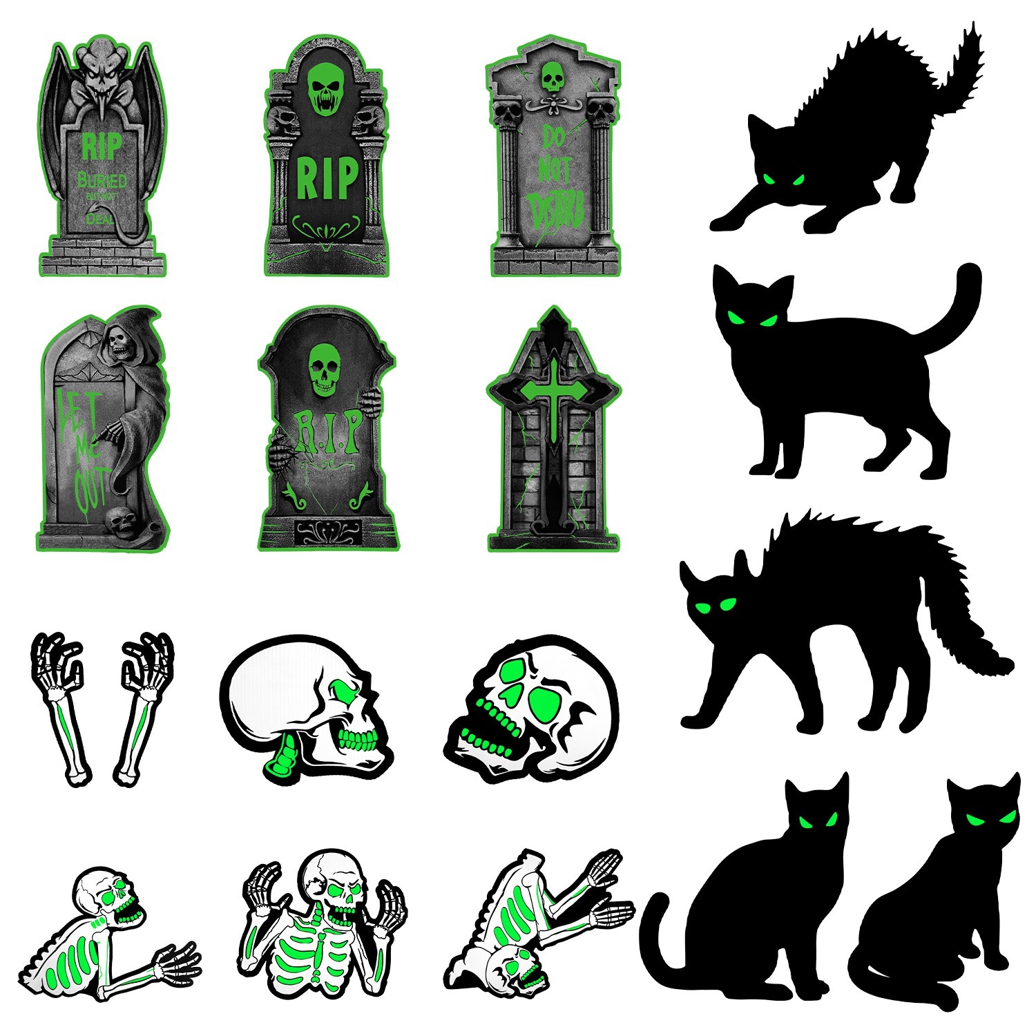 6Pcs Skull Or 6Pcs Tomb Or 5Pcs Black Cat Halloween Yard Sign Decorations Glow In The Dark For Haunted House Garden Yard And Scary Theme Party