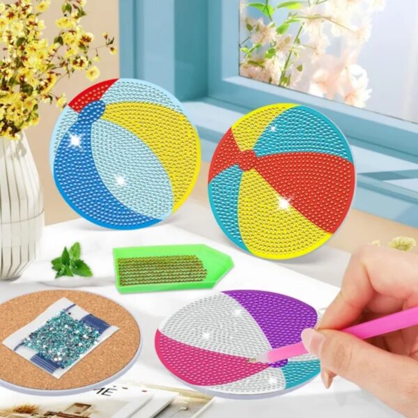 6Pack Beach Balls Rhinestones Art Painting Coaster Kit Summer Holiday DIY Rhinestones Painting Coasters - Image 3