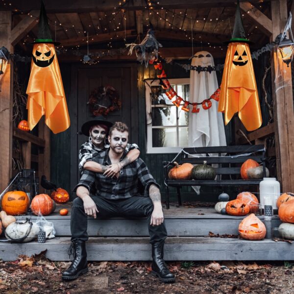 2Pcs Hanging Ghosts With Wizard Hat Snicker Scary Face Halloween Party Hanging Decorations Pumpkin Wizard Hat For Eave Tree Porch - Image 3