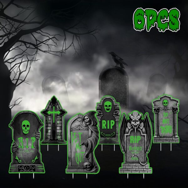6Pcs Skull Or 6Pcs Tomb Or 5Pcs Black Cat Halloween Yard Sign Decorations Glow In The Dark For Haunted House Garden Yard And Scary Theme Party - Image 4