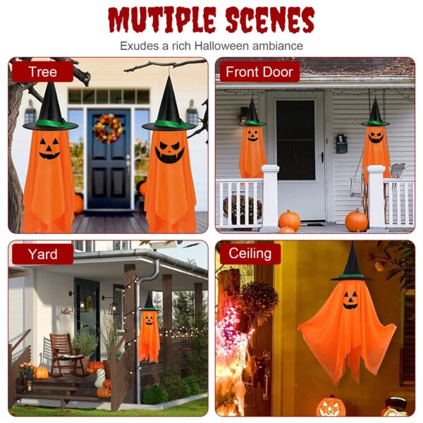 2Pcs Hanging Ghosts With Wizard Hat Snicker Scary Face Halloween Party Hanging Decorations Pumpkin Wizard Hat For Eave Tree Porch - Image 6