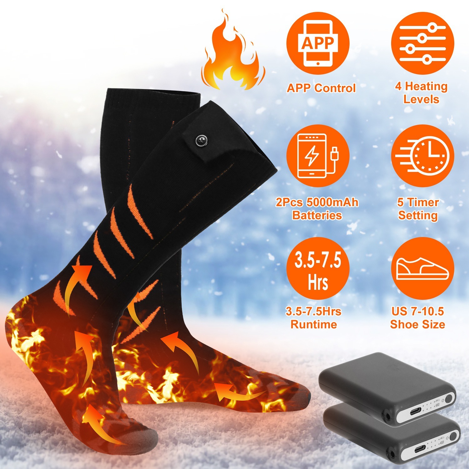 2 Types Options — 1 Pair Of Heated Socks For Men Women Electric Heating Socks With APP Control 5000mAh Battery Rechargeable Thermal Socks Winter Warm Socks For Skiing Hiking Camping Hunting