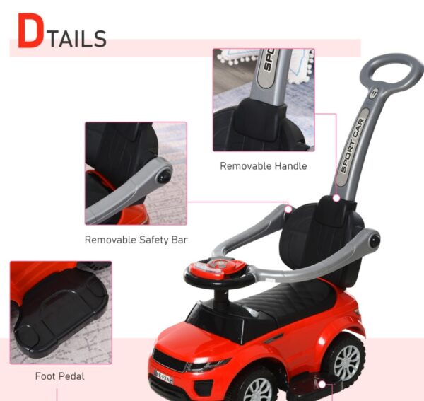 Kids 3 In 1 Push Car Ride-On Stroller Sliding Walking Toy With Horn Music Light Secure Bar For Boys Girls 1-3 Years Old Red - Image 5